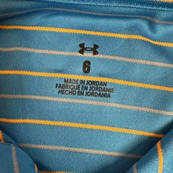 EUC Under Armour Boys  Light Blue and Yellow Striped Performance Polo - Size 6 - Picture 2 of 3